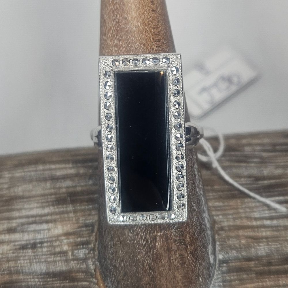Vintage Art Deco Onyx Sterling Silver Stamp EUC Sz 8 Adjustable 70s-80s